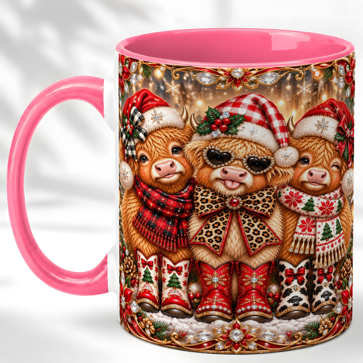 #pl[11oz|Pink] Christmas Cow Trio Coffee Mug, Western Holiday Mug, Ceramic Cup