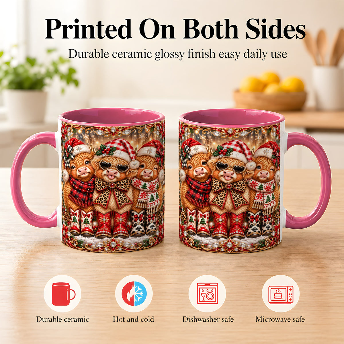 #pl[11oz|Pink] Christmas Cow Trio Coffee Mug, Western Holiday Mug, Ceramic Cup