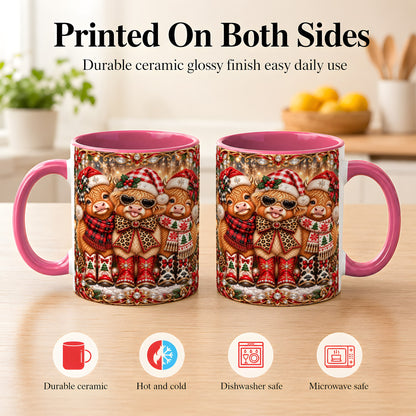 #pl[11oz|Pink] Christmas Cow Trio Coffee Mug, Western Holiday Mug, Ceramic Cup