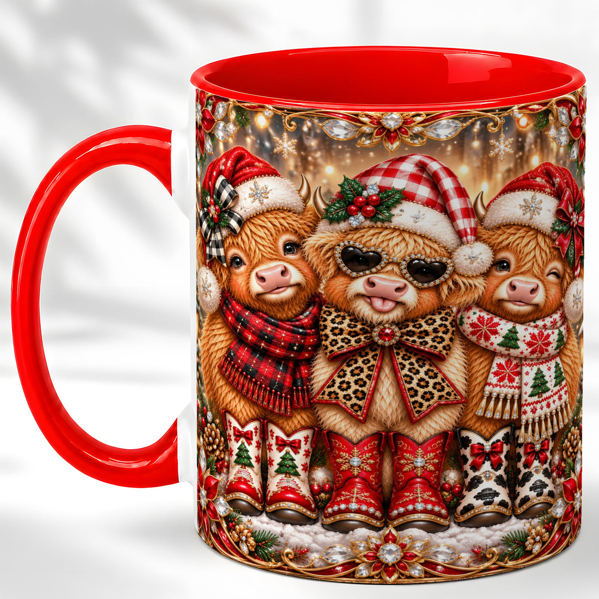 #pl[11oz|Red] Christmas Cow Trio Coffee Mug, Western Holiday Mug, Ceramic Cup