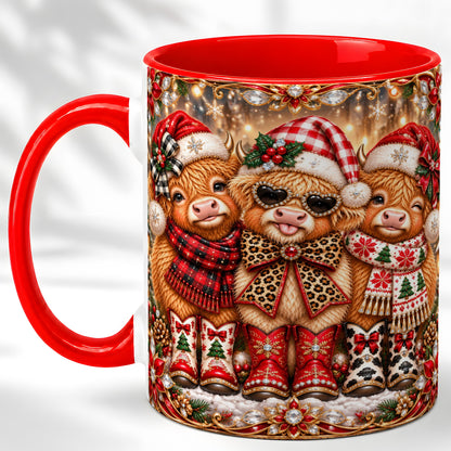 #pl[11oz|Red] Christmas Cow Trio Coffee Mug, Western Holiday Mug, Ceramic Cup