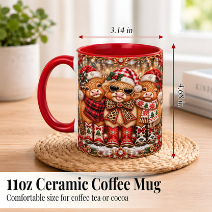 #pl[11oz|Red] Christmas Cow Trio Coffee Mug, Western Holiday Mug, Ceramic Cup
