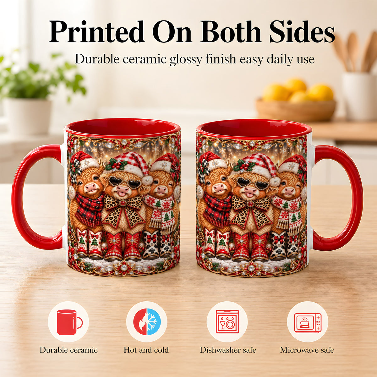 #pl[11oz|Red] Christmas Cow Trio Coffee Mug, Western Holiday Mug, Ceramic Cup