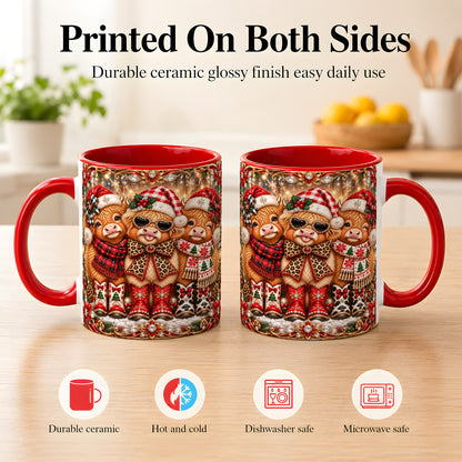 #pl[11oz|Red] Christmas Cow Trio Coffee Mug, Western Holiday Mug, Ceramic Cup