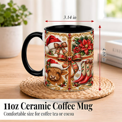 #pl[11oz|Black] Western Christmas Cow Coffee Mug, Poinsettia Cow Mug, Ceramic Cup