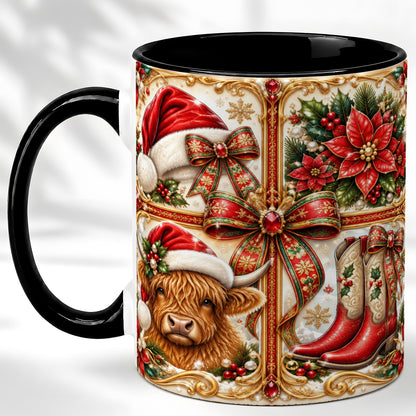 #pl[11oz|Black] Western Christmas Cow Coffee Mug, Poinsettia Cow Mug, Ceramic Cup