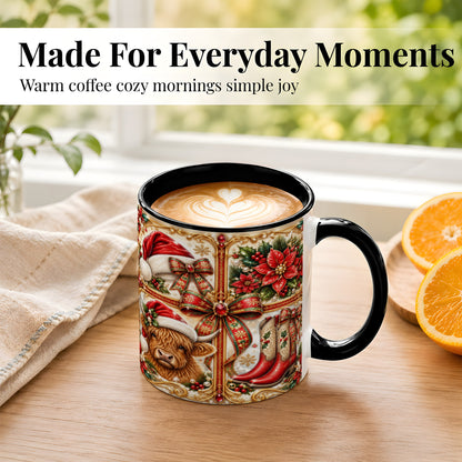 #pl[11oz|Black] Western Christmas Cow Coffee Mug, Poinsettia Cow Mug, Ceramic Cup