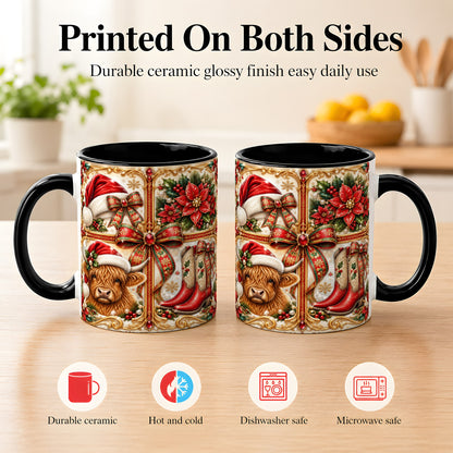 #pl[11oz|Black] Western Christmas Cow Coffee Mug, Poinsettia Cow Mug, Ceramic Cup