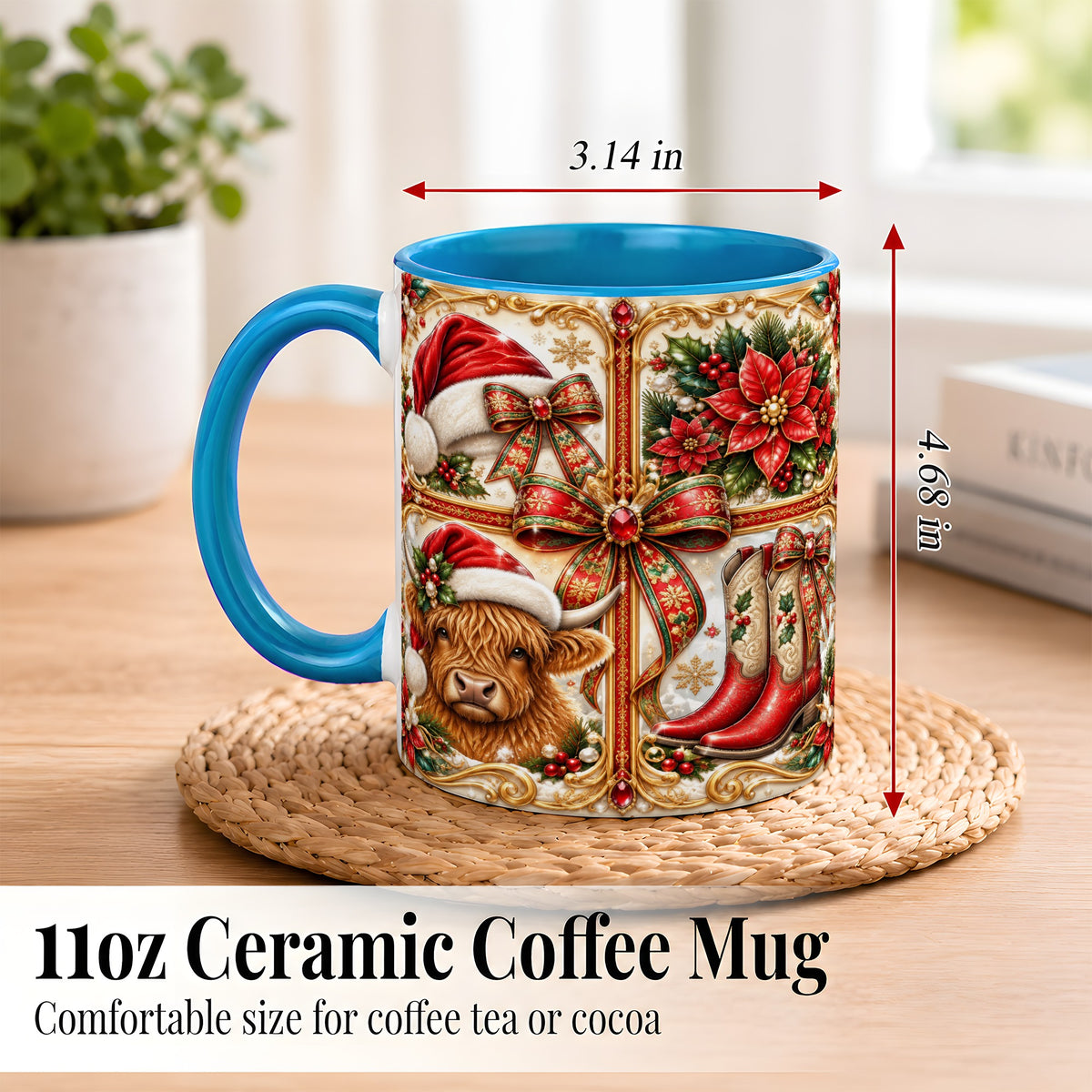 #pl[11oz|Blue] Western Christmas Cow Coffee Mug, Poinsettia Cow Mug, Ceramic Cup