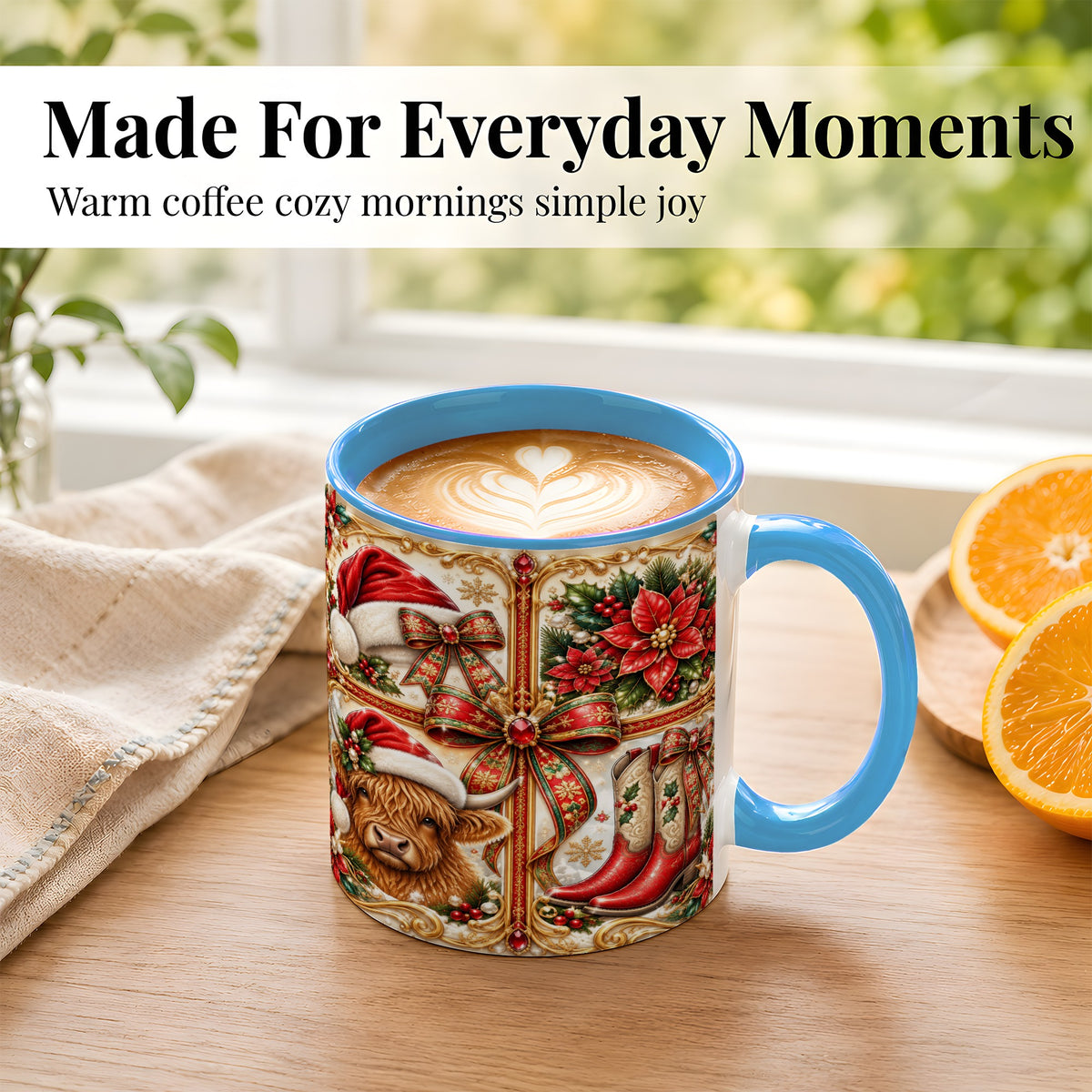 #pl[11oz|Blue] Western Christmas Cow Coffee Mug, Poinsettia Cow Mug, Ceramic Cup