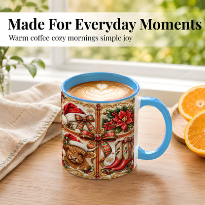 #pl[11oz|Blue] Western Christmas Cow Coffee Mug, Poinsettia Cow Mug, Ceramic Cup
