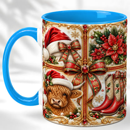 #pl[11oz|Blue] Western Christmas Cow Coffee Mug, Poinsettia Cow Mug, Ceramic Cup