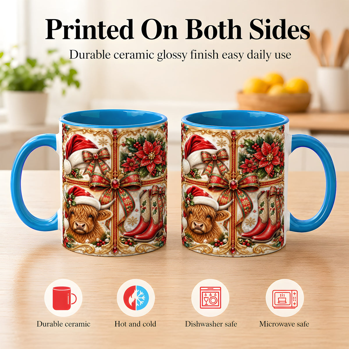 #pl[11oz|Blue] Western Christmas Cow Coffee Mug, Poinsettia Cow Mug, Ceramic Cup