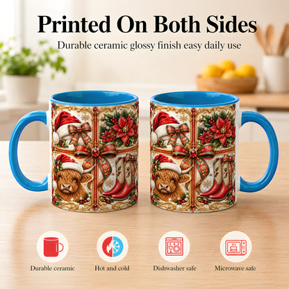 #pl[11oz|Blue] Western Christmas Cow Coffee Mug, Poinsettia Cow Mug, Ceramic Cup