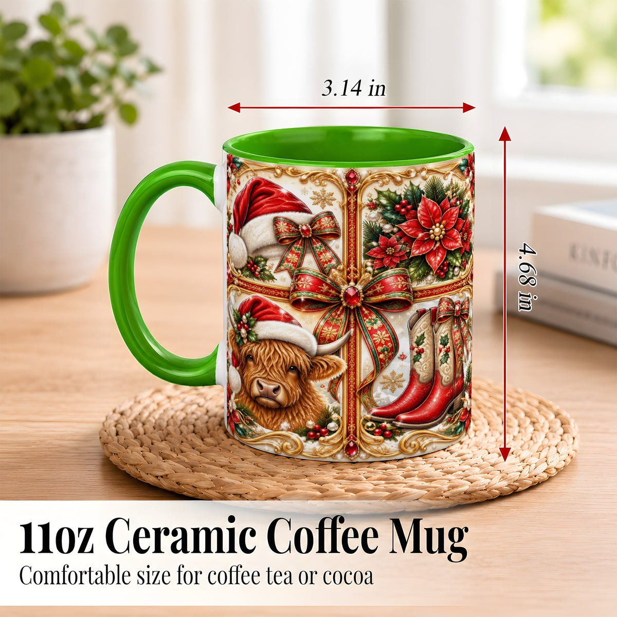 #pl[11oz|Green] Western Christmas Cow Coffee Mug, Poinsettia Cow Mug, Ceramic Cup