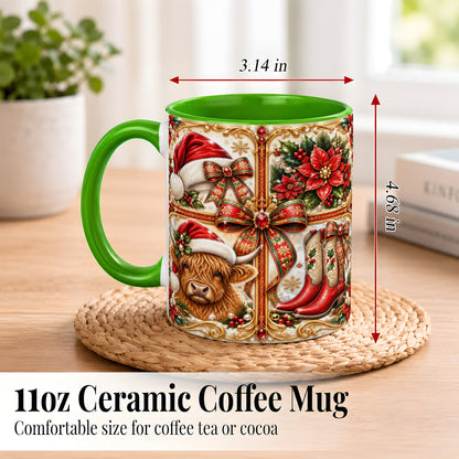 #pl[11oz|Green] Western Christmas Cow Coffee Mug, Poinsettia Cow Mug, Ceramic Cup
