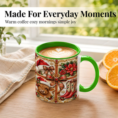 #pl[11oz|Green] Western Christmas Cow Coffee Mug, Poinsettia Cow Mug, Ceramic Cup