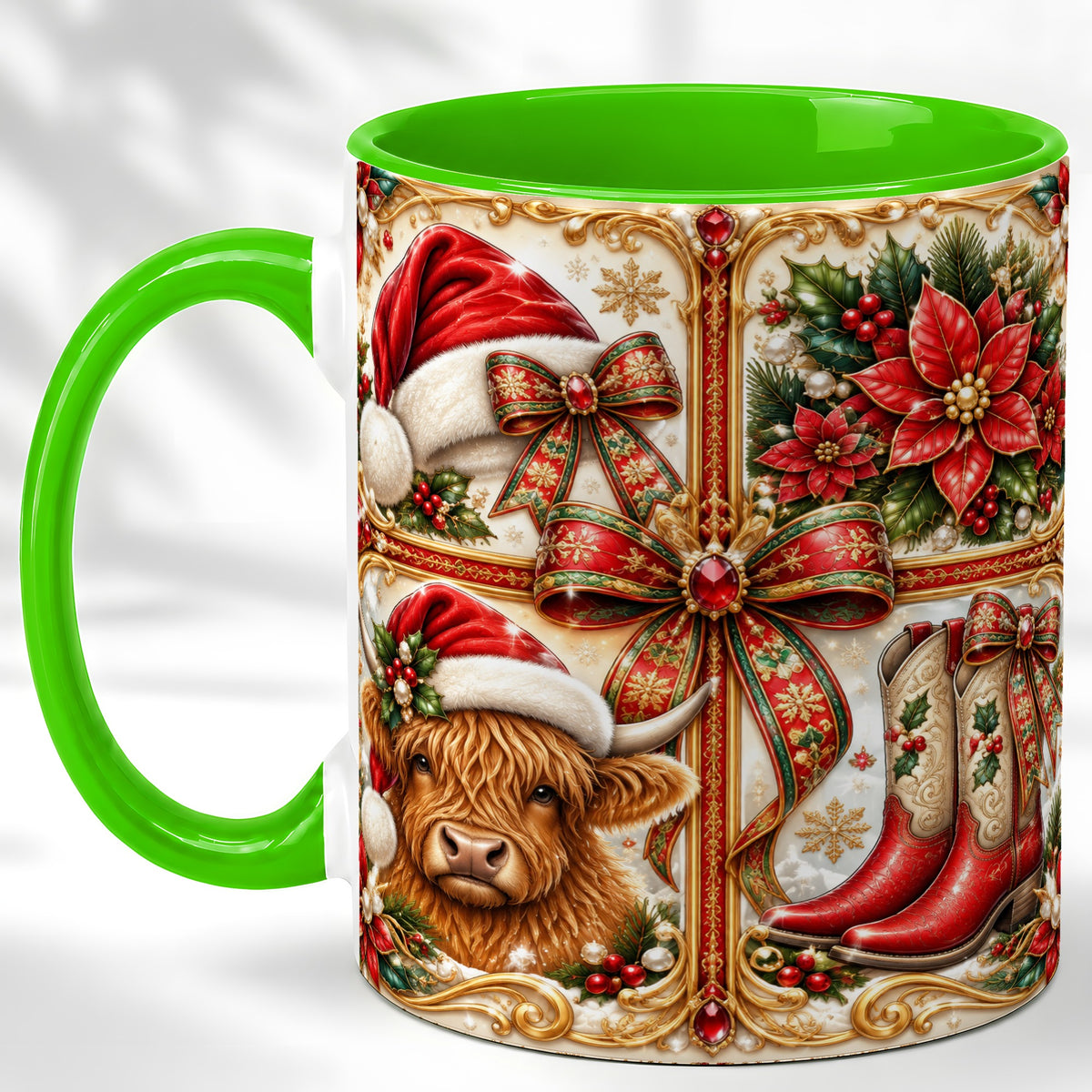 #pl[11oz|Green] Western Christmas Cow Coffee Mug, Poinsettia Cow Mug, Ceramic Cup