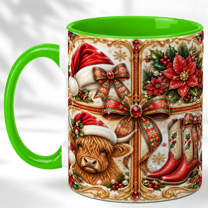 #pl[11oz|Green] Western Christmas Cow Coffee Mug, Poinsettia Cow Mug, Ceramic Cup