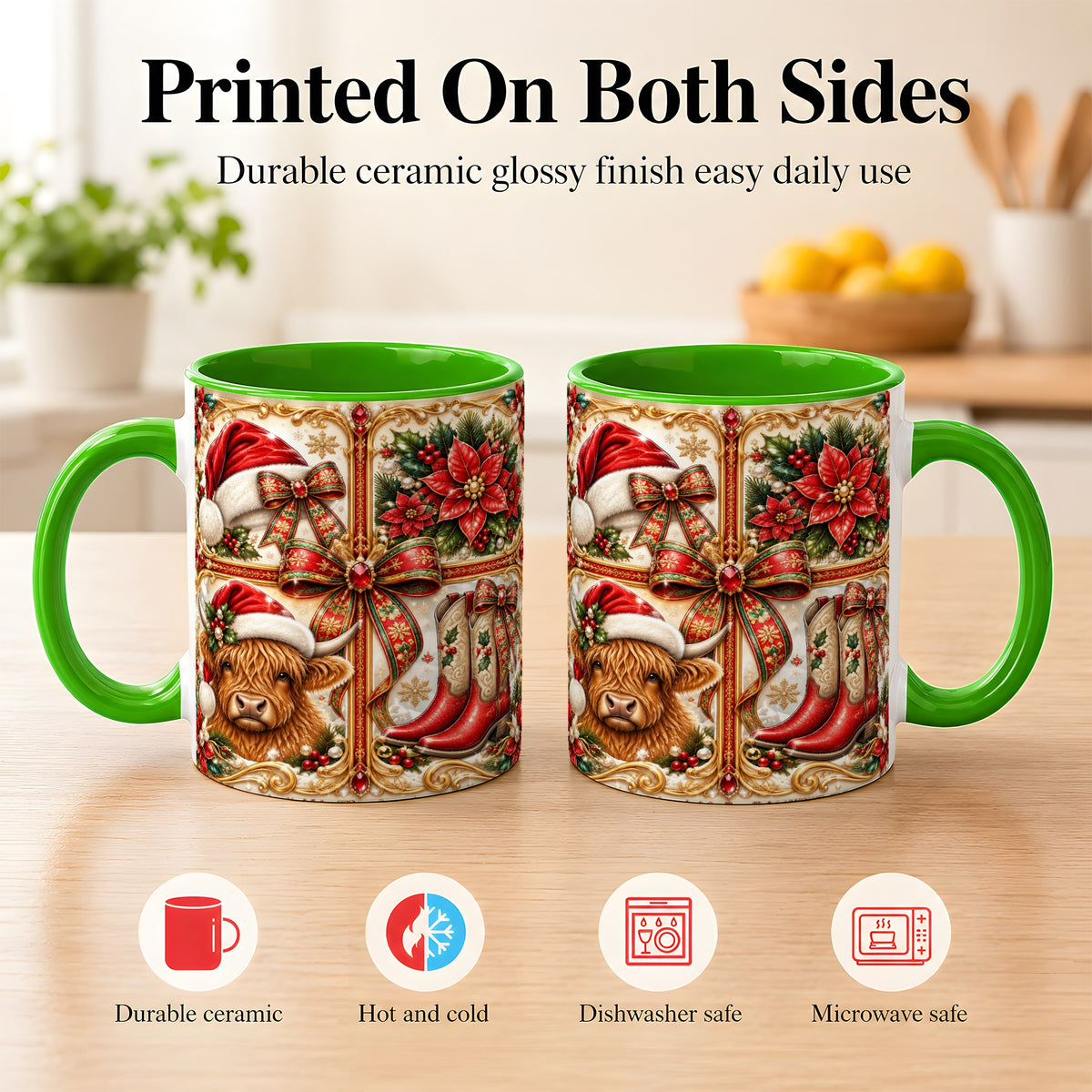 #pl[11oz|Green] Western Christmas Cow Coffee Mug, Poinsettia Cow Mug, Ceramic Cup