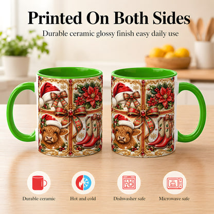 #pl[11oz|Green] Western Christmas Cow Coffee Mug, Poinsettia Cow Mug, Ceramic Cup