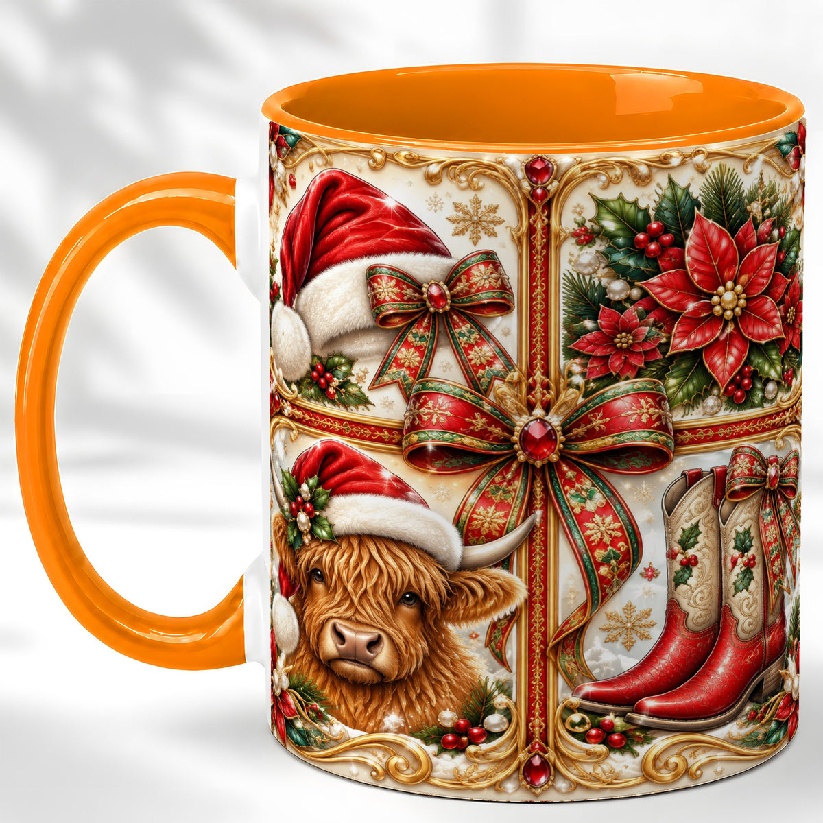 #pl[11oz|Orange] Western Christmas Cow Coffee Mug, Poinsettia Cow Mug, Ceramic Cup