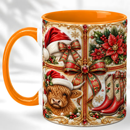 #pl[11oz|Orange] Western Christmas Cow Coffee Mug, Poinsettia Cow Mug, Ceramic Cup