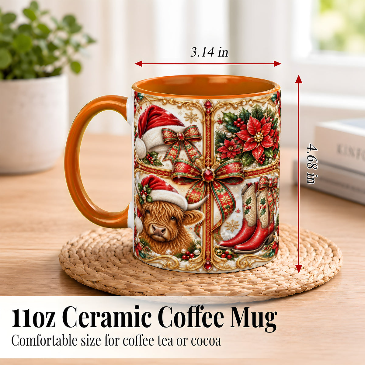 #pl[11oz|Orange] Western Christmas Cow Coffee Mug, Poinsettia Cow Mug, Ceramic Cup