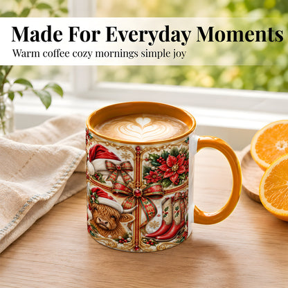 #pl[11oz|Orange] Western Christmas Cow Coffee Mug, Poinsettia Cow Mug, Ceramic Cup