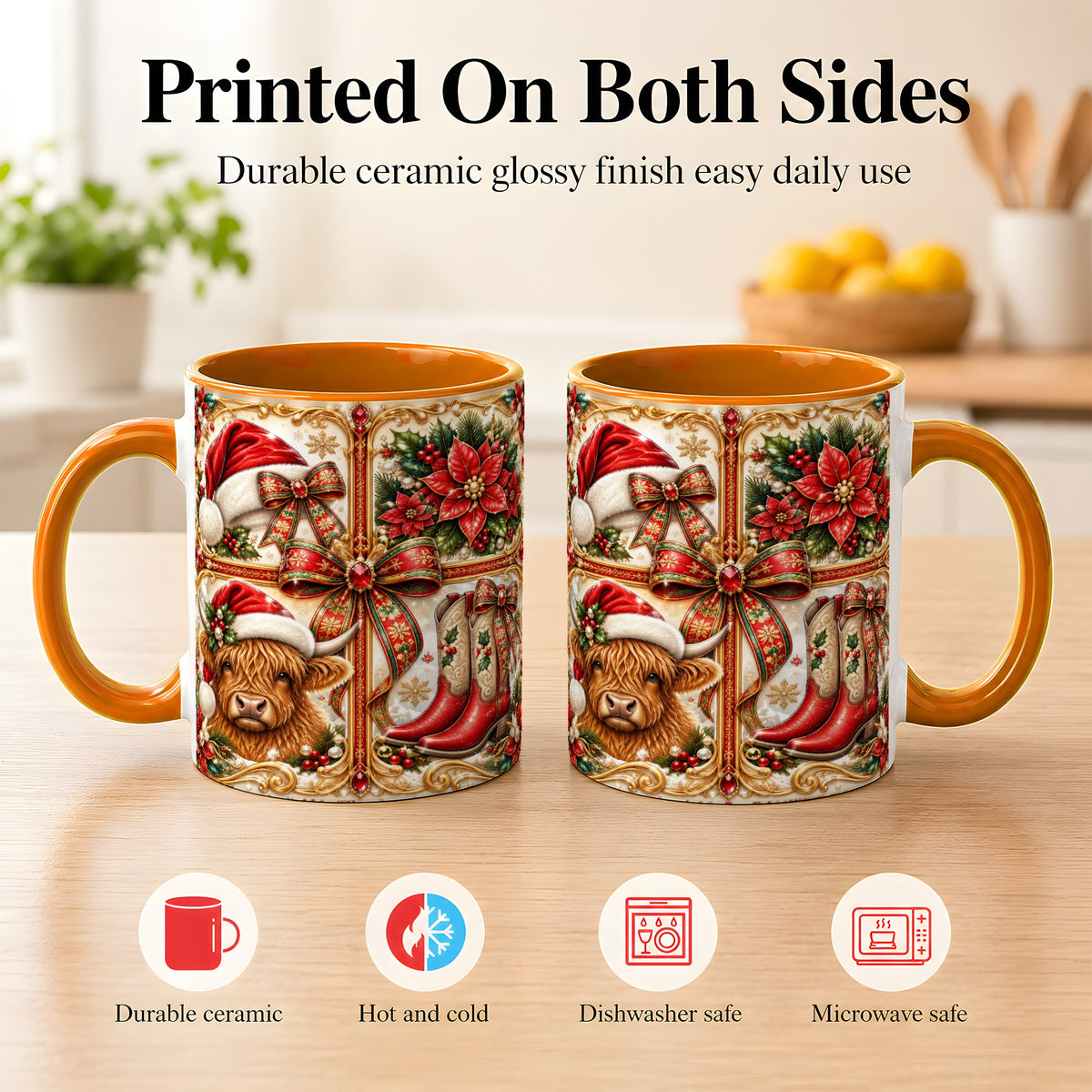 #pl[11oz|Orange] Western Christmas Cow Coffee Mug, Poinsettia Cow Mug, Ceramic Cup