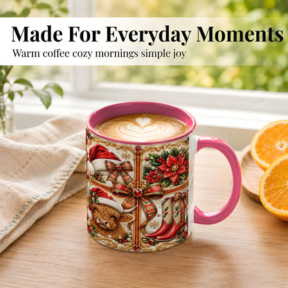 #pl[11oz|Pink] Western Christmas Cow Coffee Mug, Poinsettia Cow Mug, Ceramic Cup