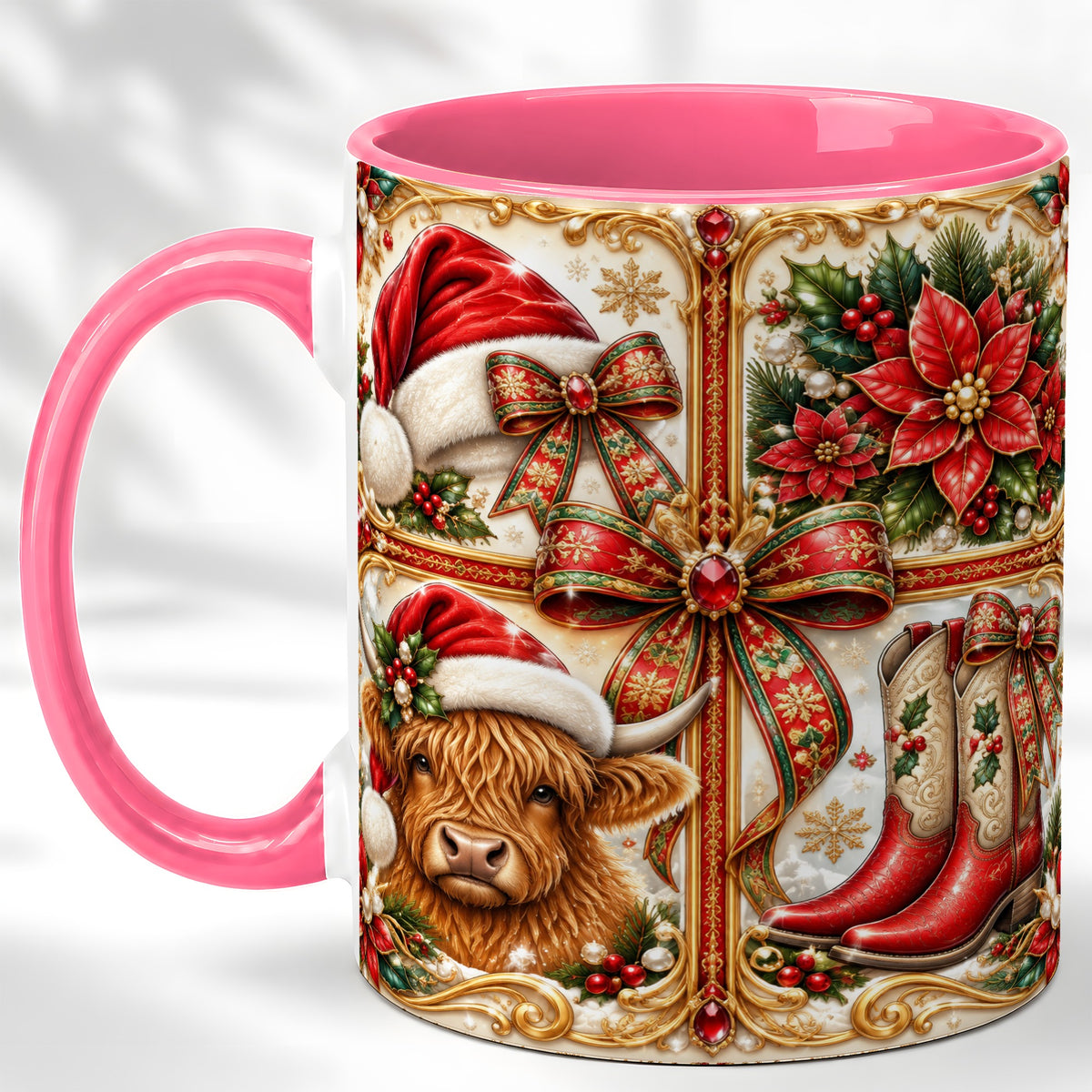#pl[11oz|Pink] Western Christmas Cow Coffee Mug, Poinsettia Cow Mug, Ceramic Cup