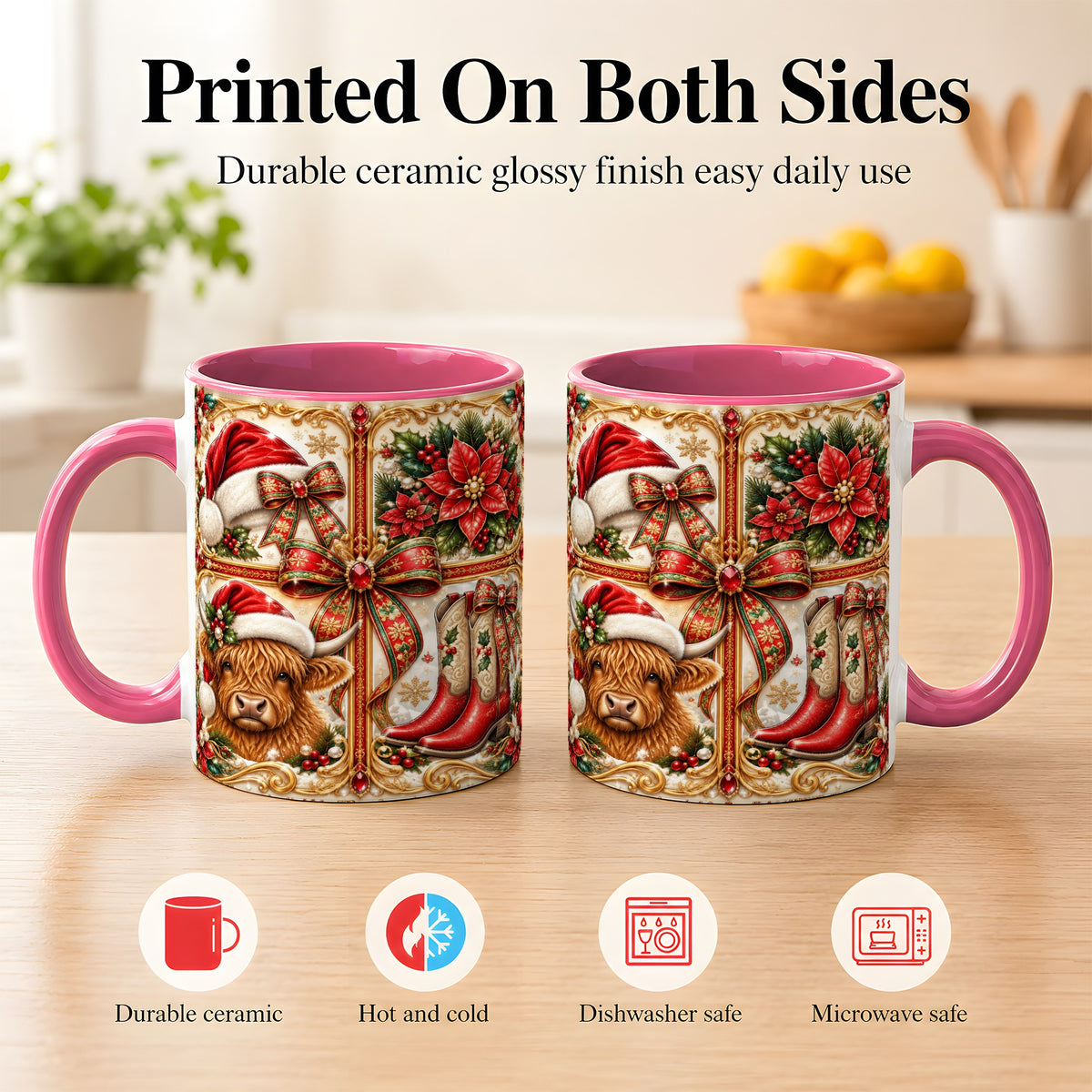 #pl[11oz|Pink] Western Christmas Cow Coffee Mug, Poinsettia Cow Mug, Ceramic Cup