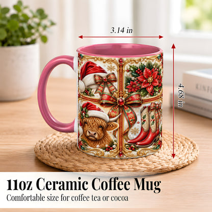#pl[11oz|Pink] Western Christmas Cow Coffee Mug, Poinsettia Cow Mug, Ceramic Cup
