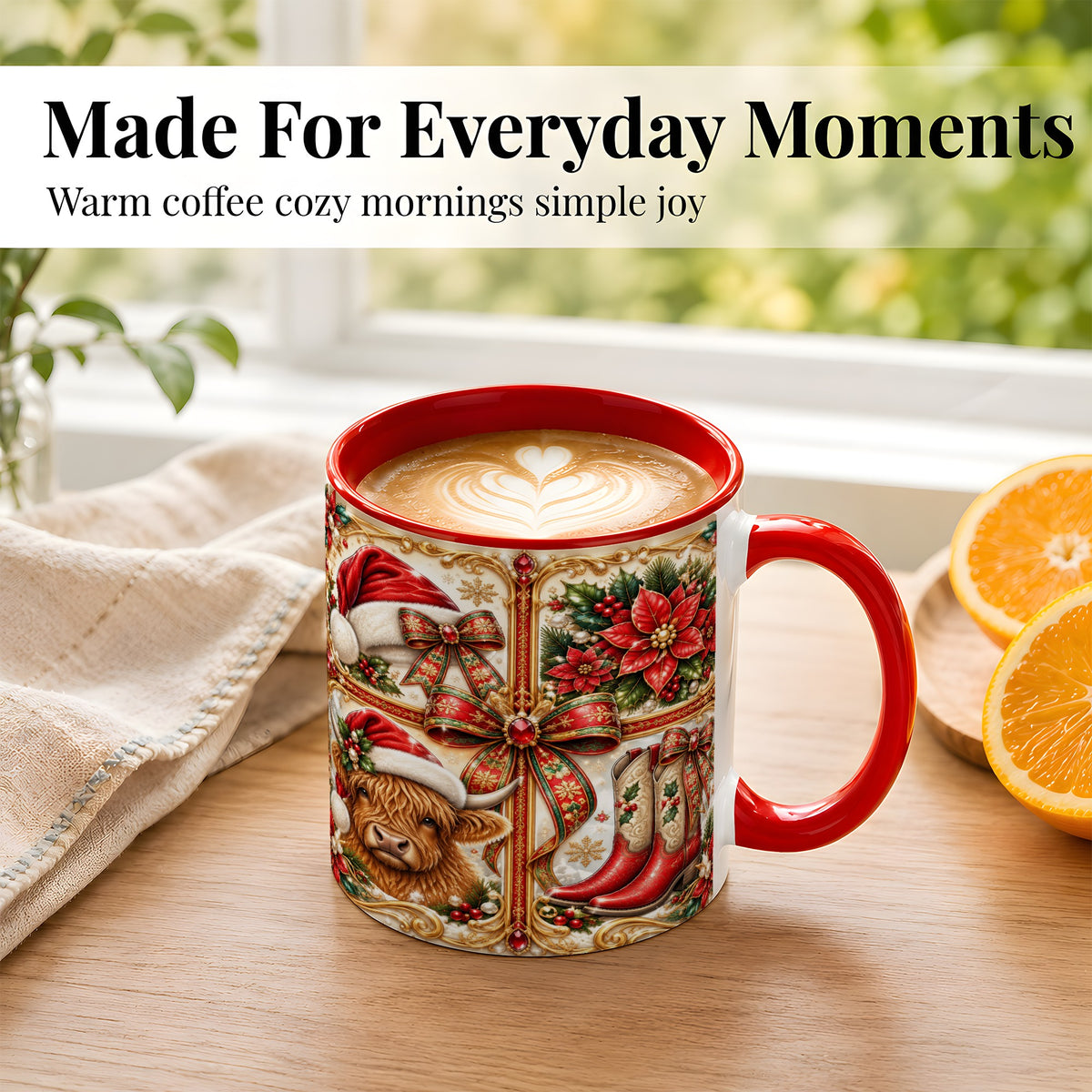 #pl[11oz|Red] Western Christmas Cow Coffee Mug, Poinsettia Cow Mug, Ceramic Cup