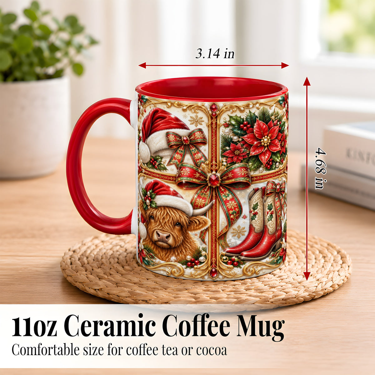 #pl[11oz|Red] Western Christmas Cow Coffee Mug, Poinsettia Cow Mug, Ceramic Cup