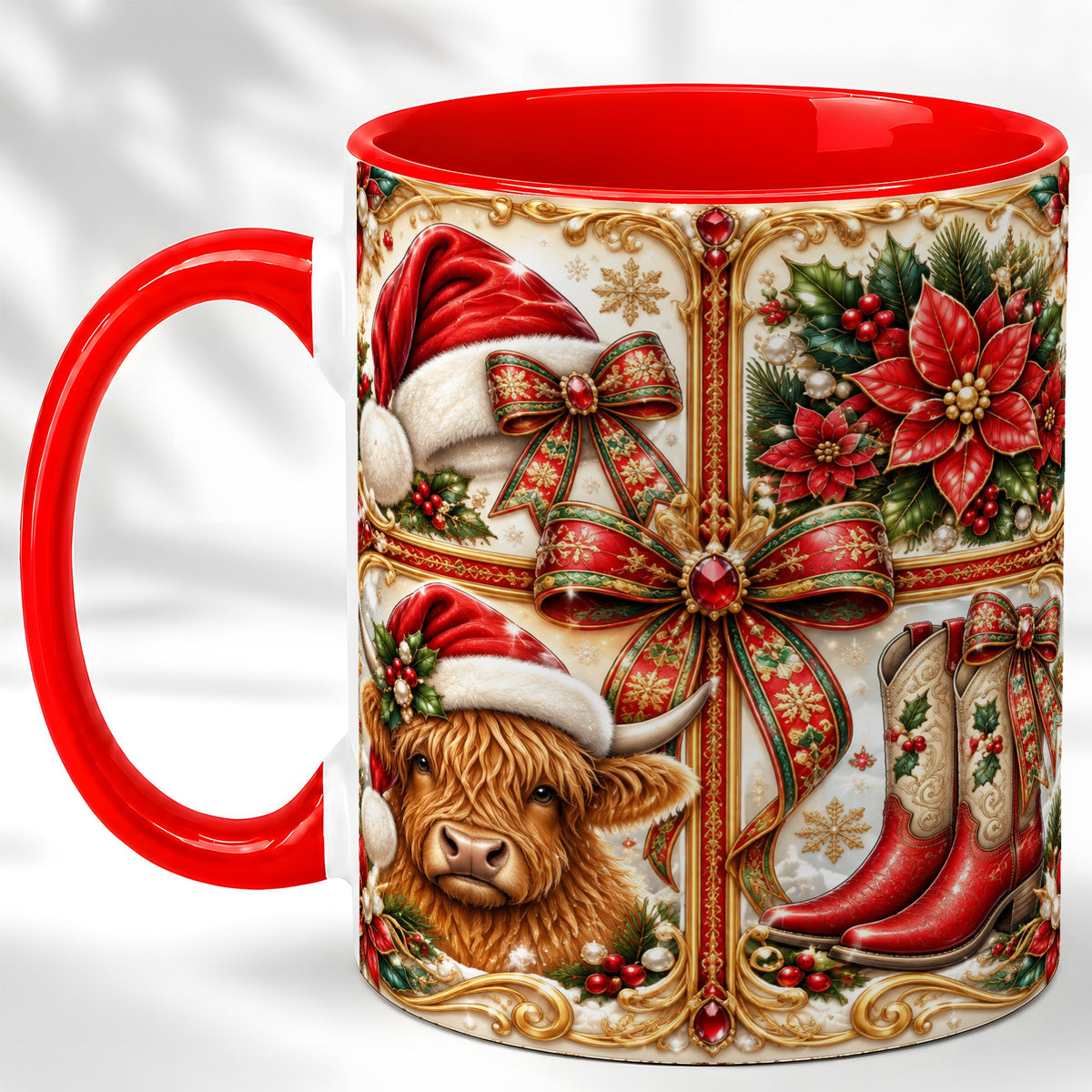 #pl[11oz|Red] Western Christmas Cow Coffee Mug, Poinsettia Cow Mug, Ceramic Cup