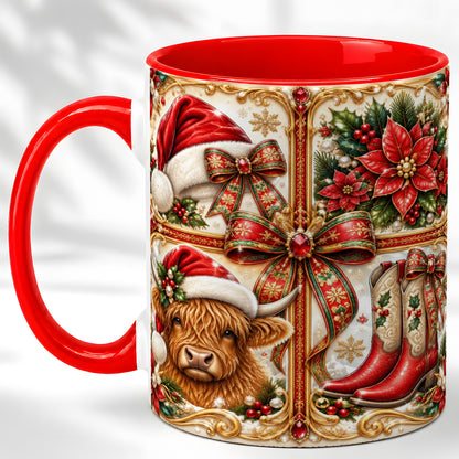 #pl[11oz|Red] Western Christmas Cow Coffee Mug, Poinsettia Cow Mug, Ceramic Cup