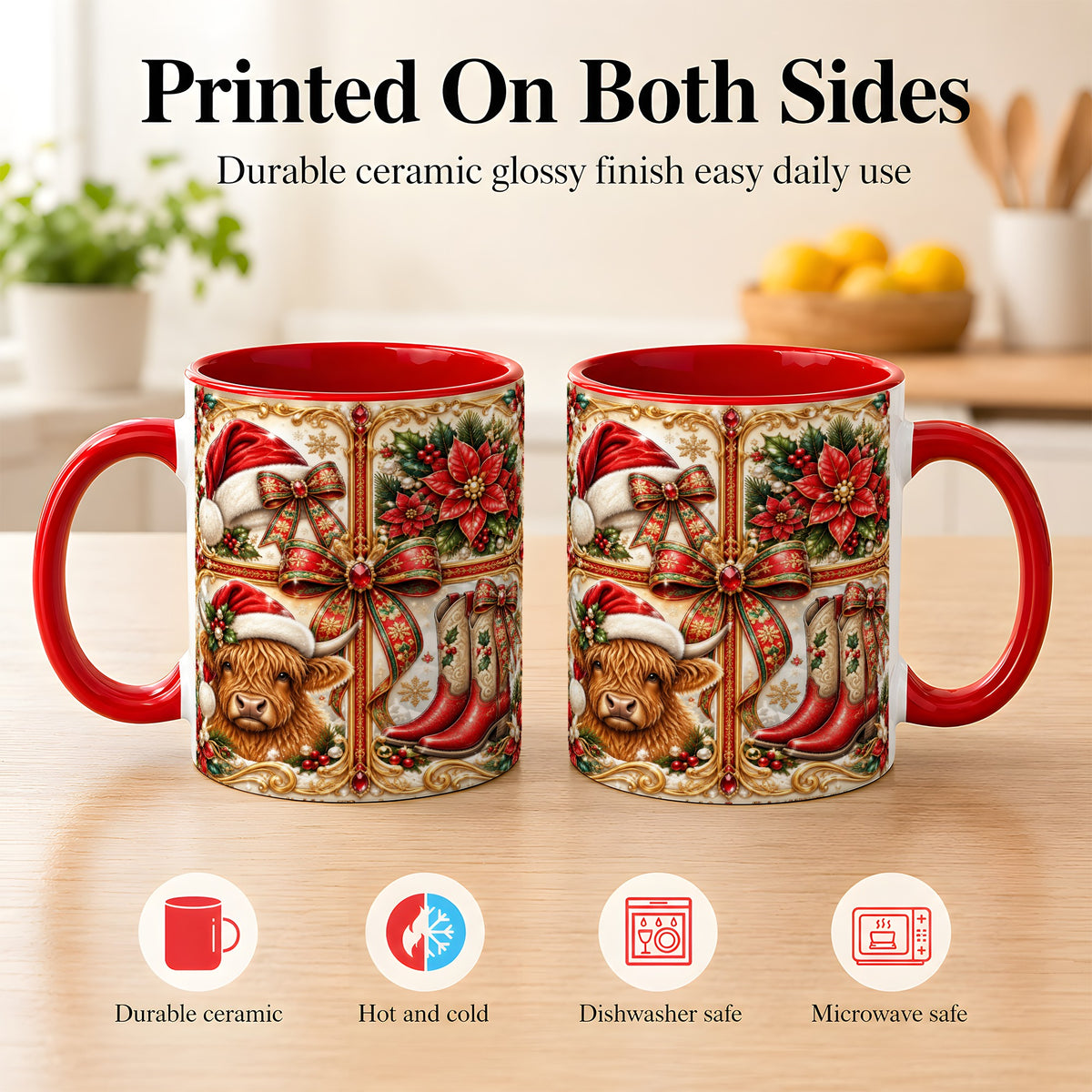 #pl[11oz|Red] Western Christmas Cow Coffee Mug, Poinsettia Cow Mug, Ceramic Cup