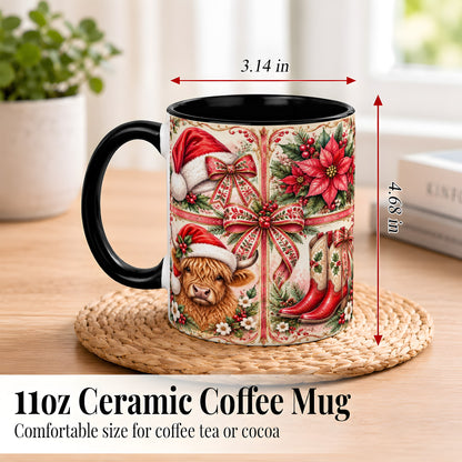 #pl[11oz|Black] Western Christmas Cow Coffee Mug, Highland Cow Mug, Ceramic Cup