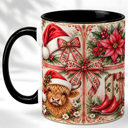 #pl[11oz|Black] Western Christmas Cow Coffee Mug, Highland Cow Mug, Ceramic Cup