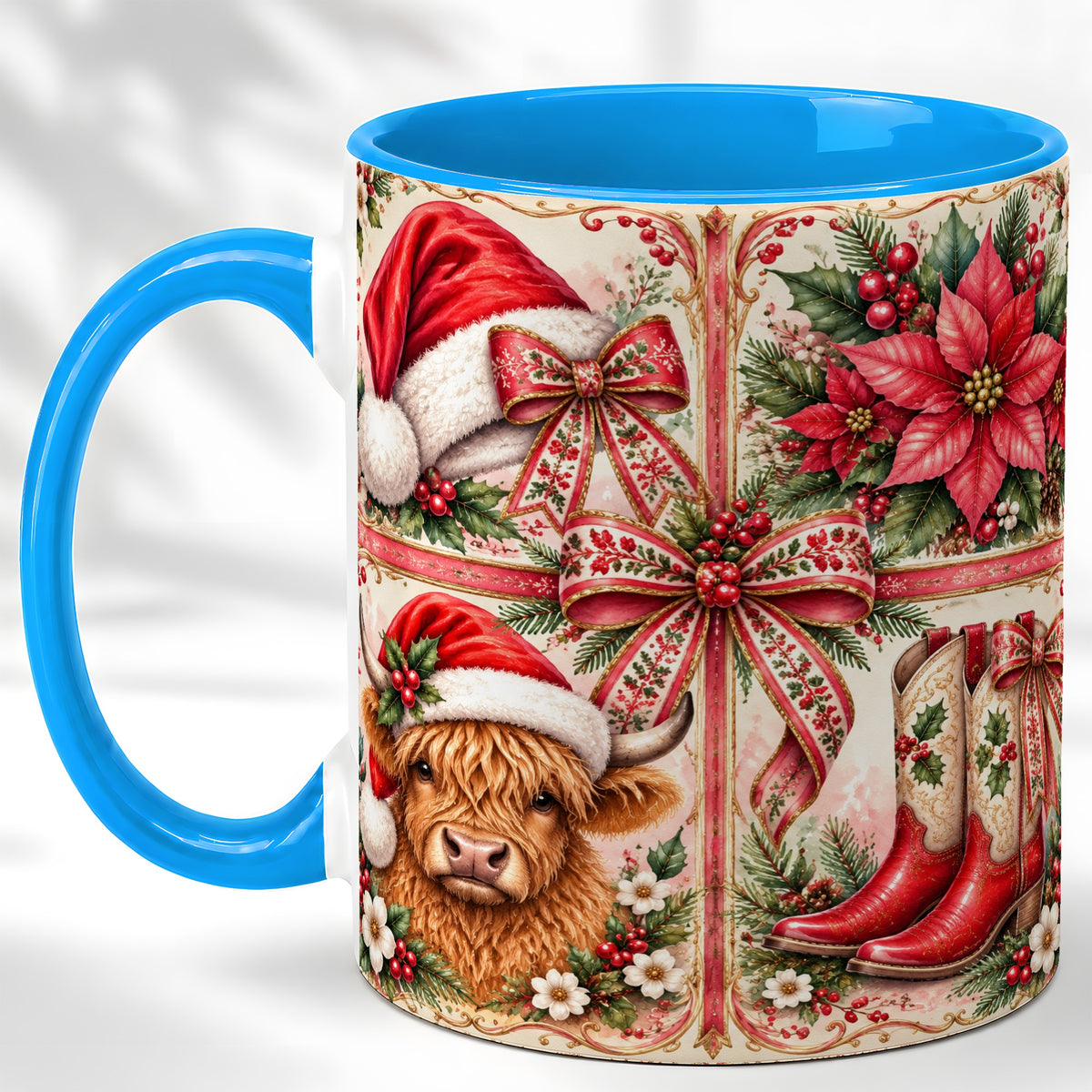 #pl[11oz|Blue] Western Christmas Cow Coffee Mug, Highland Cow Mug, Ceramic Cup