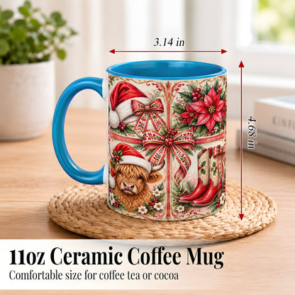 #pl[11oz|Blue] Western Christmas Cow Coffee Mug, Highland Cow Mug, Ceramic Cup