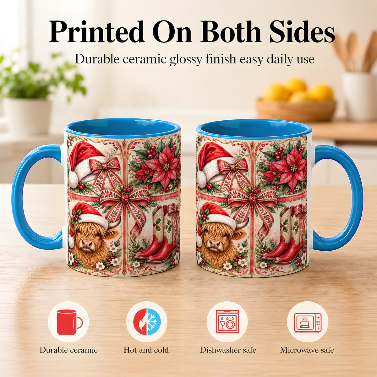 #pl[11oz|Blue] Western Christmas Cow Coffee Mug, Highland Cow Mug, Ceramic Cup