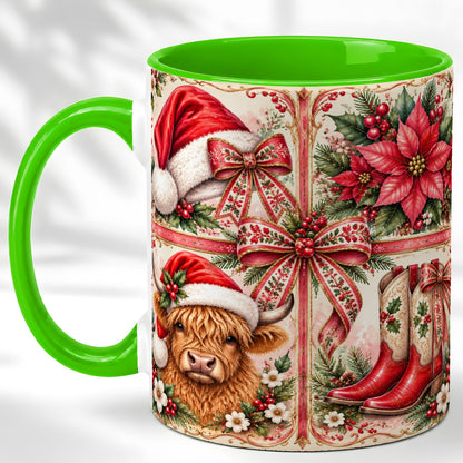 #pl[11oz|Green] Western Christmas Cow Coffee Mug, Highland Cow Mug, Ceramic Cup