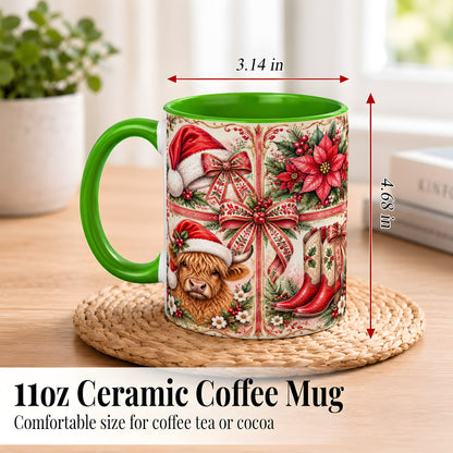#pl[11oz|Green] Western Christmas Cow Coffee Mug, Highland Cow Mug, Ceramic Cup
