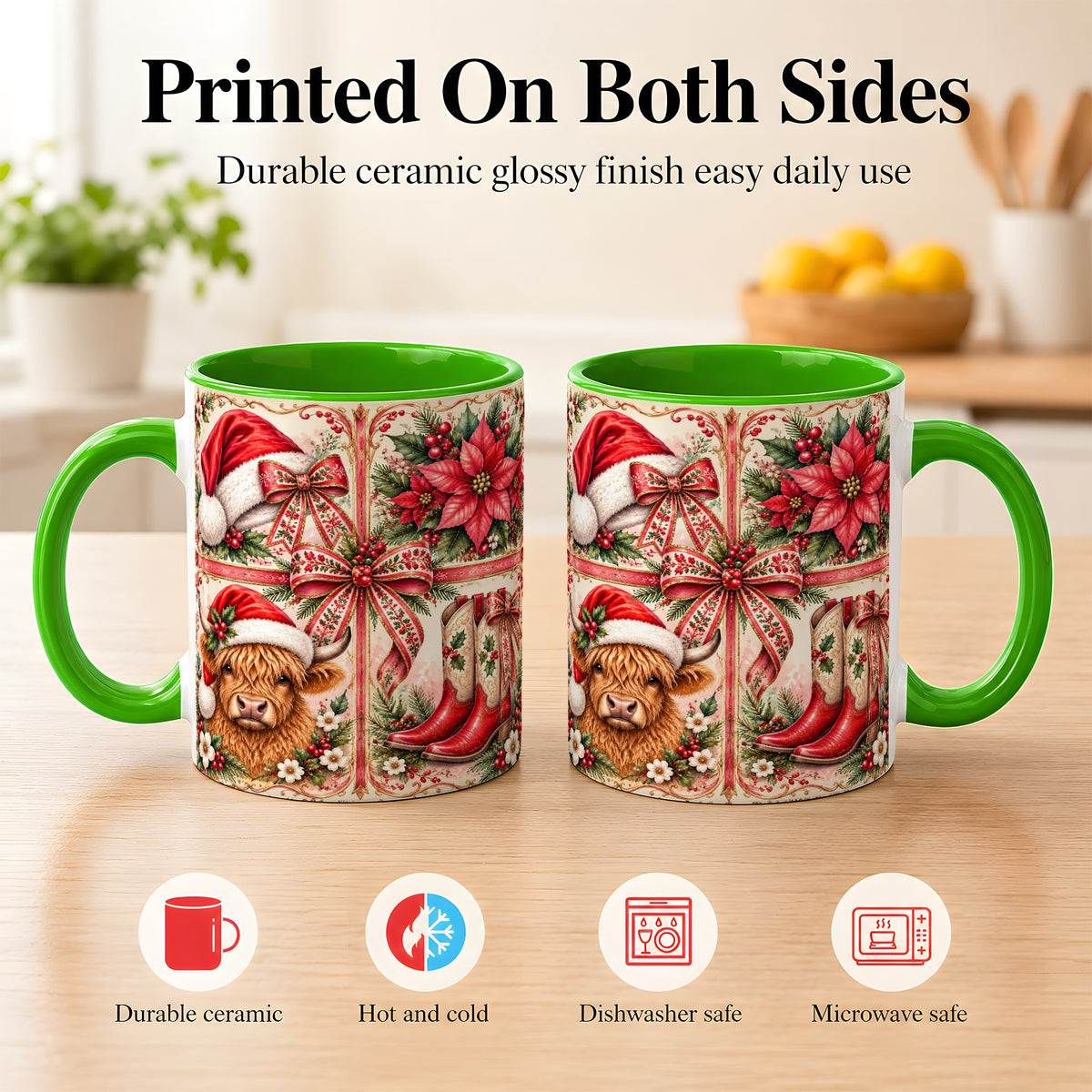 #pl[11oz|Green] Western Christmas Cow Coffee Mug, Highland Cow Mug, Ceramic Cup