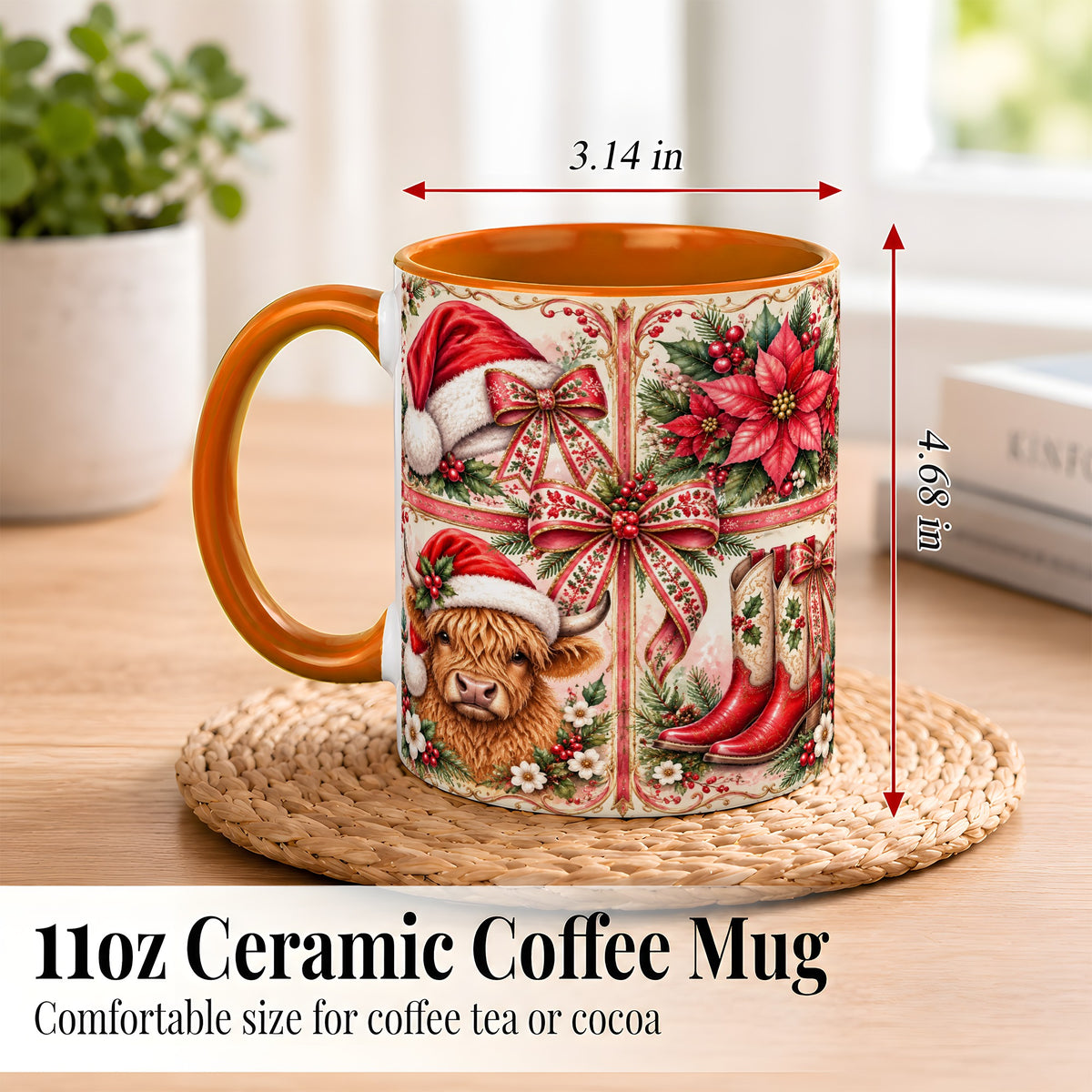 #pl[11oz|Orange] Western Christmas Cow Coffee Mug, Highland Cow Mug, Ceramic Cup