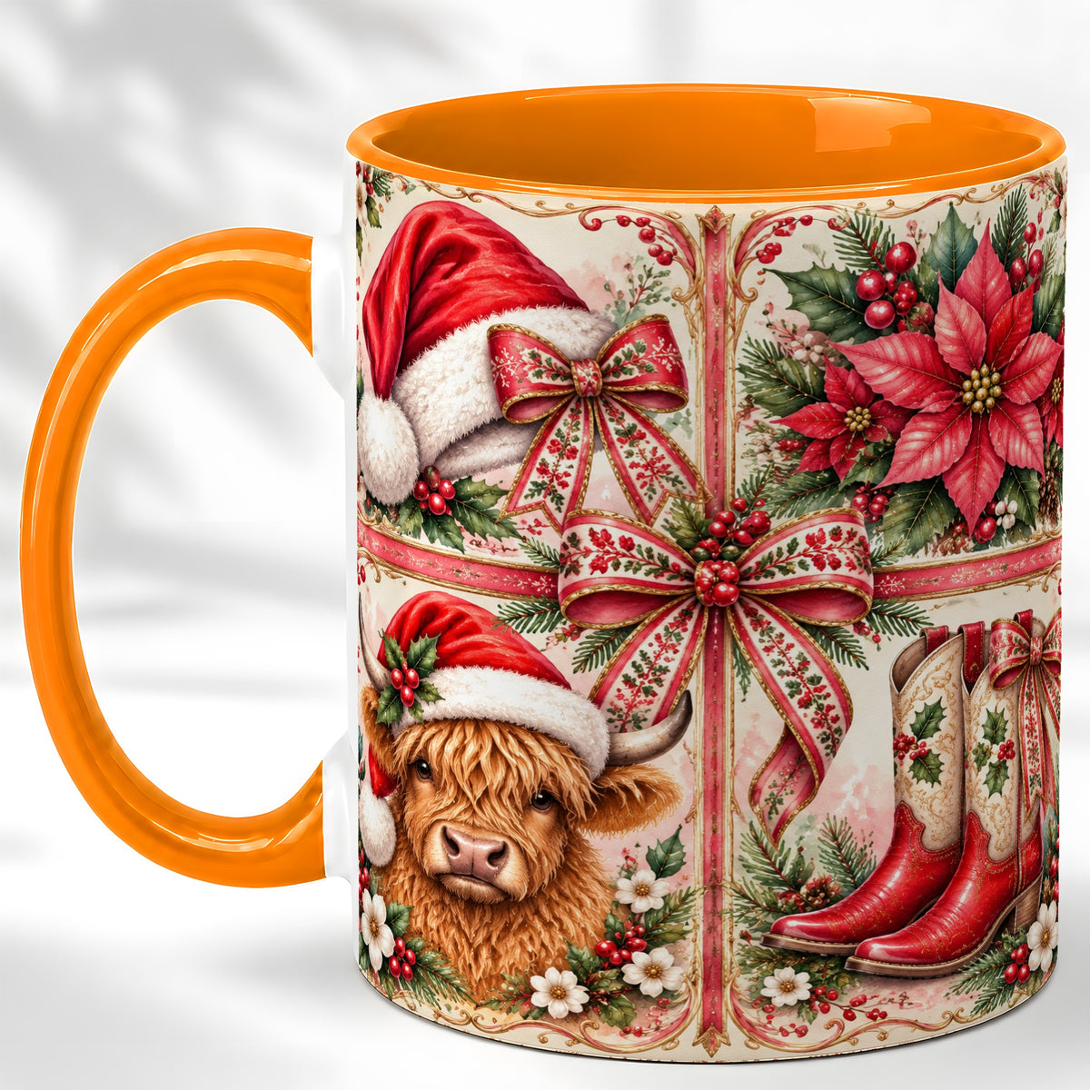 #pl[11oz|Orange] Western Christmas Cow Coffee Mug, Highland Cow Mug, Ceramic Cup