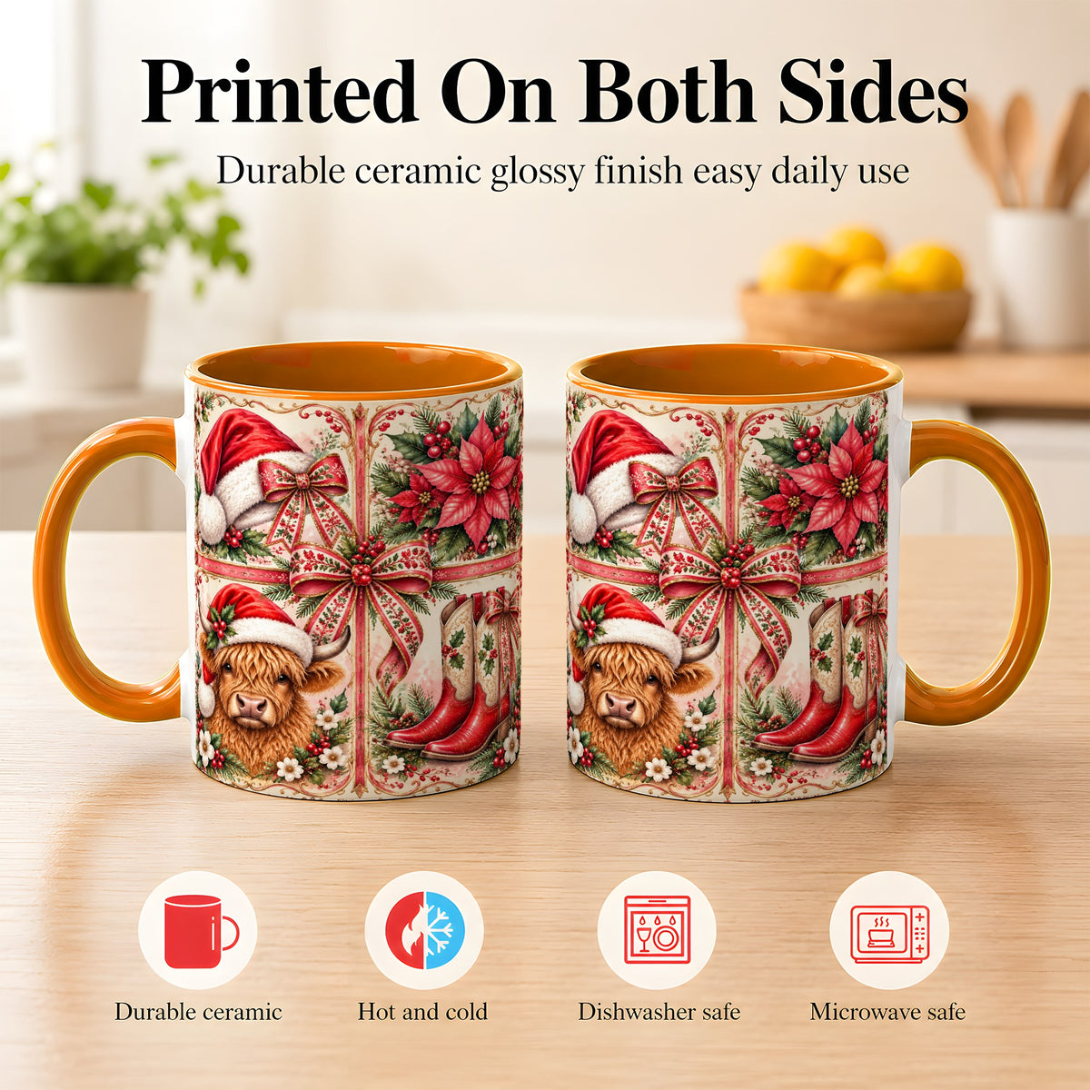 #pl[11oz|Orange] Western Christmas Cow Coffee Mug, Highland Cow Mug, Ceramic Cup